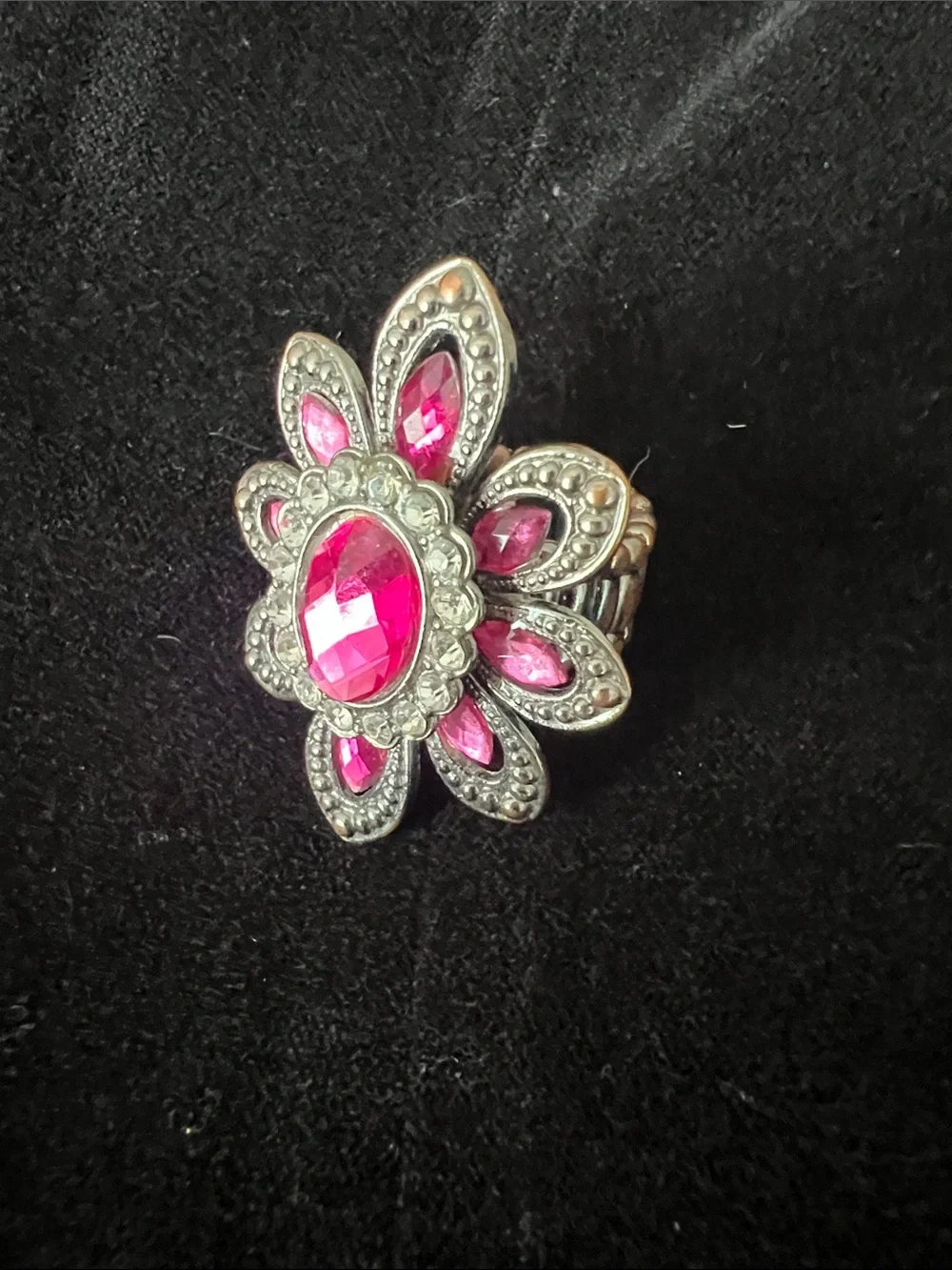 Pink Floral Statement Ring with Silver-Tone Detailing